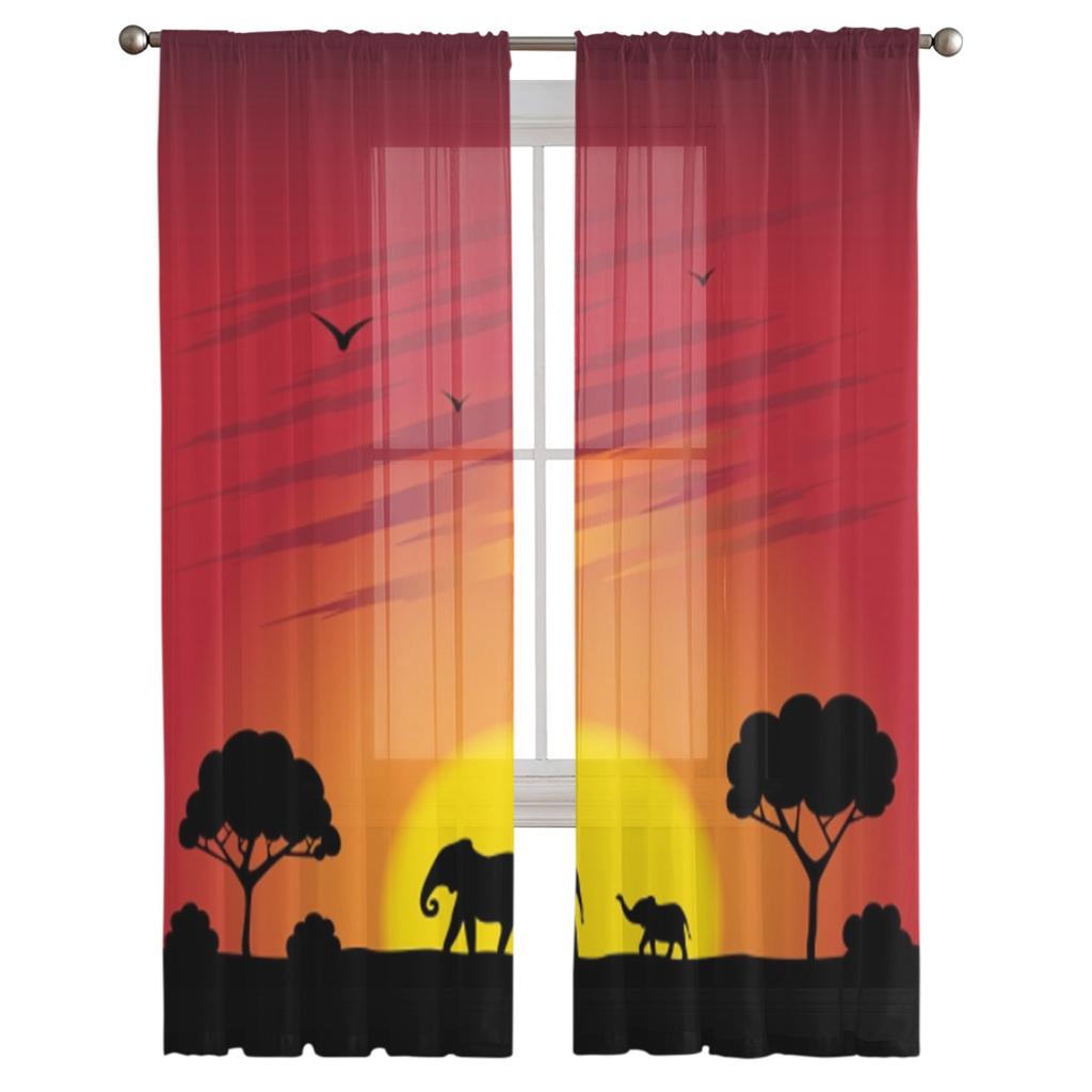 Elefant Sonnenuntergang Baum Transparente Vorhänge für Wohnzimmer Durchsichtiger Tüll Fensterdekorationen Schlafzimmer Küche Heimdeko Schleier Vorhänge