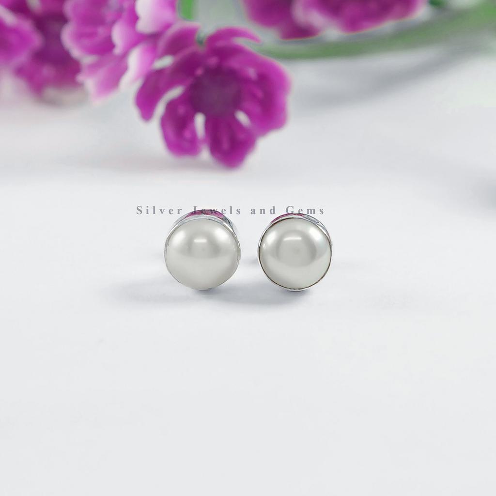 Fresh Water Pearl Stud Earring, 925 Sterling Silver Studs, Round Natural Pearl Earrings, Gift for Her, Birthday Studs, Handmade Earrings