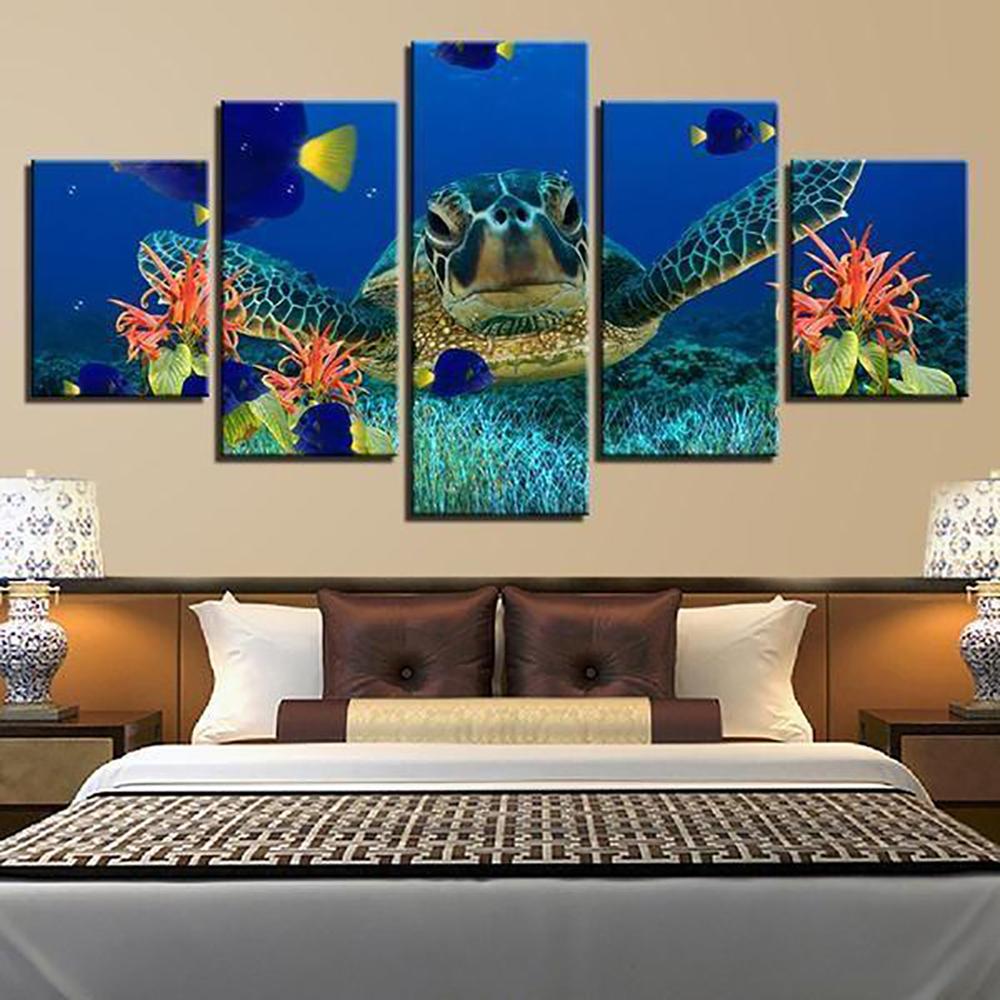 

5 Pieces Wall Art Canvas Painting Deep Sea Turtles Animal Poster Decorative Pictures Modern Abstract Frame For Kids