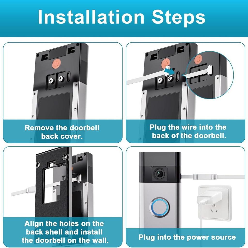 Ultra-thin Ultra-flat Power Extension Cable with App Control 4-Meter Length for Ring Doorbell Charging