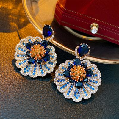 Zircon Blue Drop Earrings for Women Light Luxury Flower Pendant Earring Elegant Temperament Personality Zircon Wedding Gift