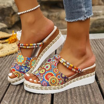 Sandales d'été décontractées à blocs de couleurs pour femmes, habillées, confortables, en cuir souple, à semelles épaisses compensées, mules en paille tressée