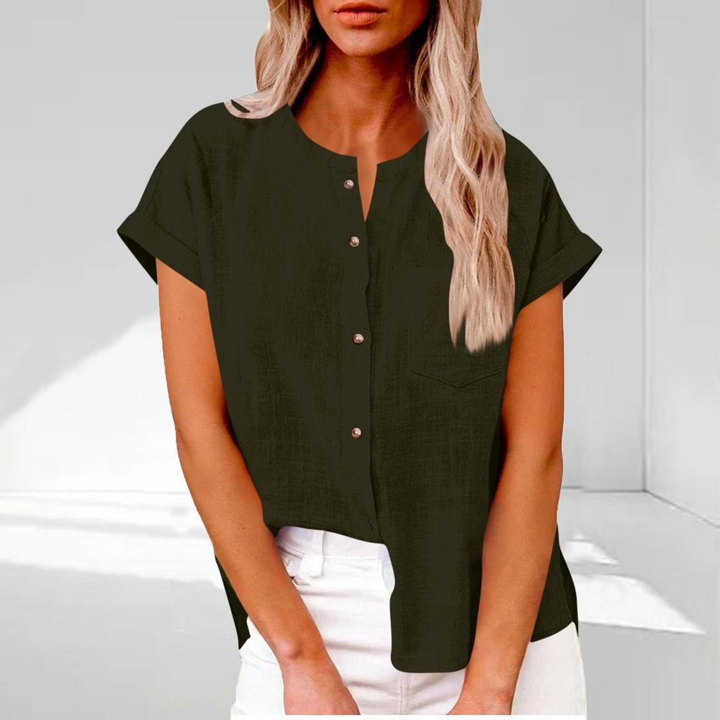 Women's Fashionable Loose-Fit Casual Shirt Button-Up Short-Sleeve Cotton-Linen Blend Top