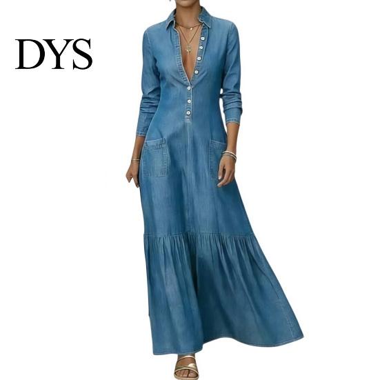 Leichtes Jeanskleid Damen Knopfleiste Maxikleid, Langarm Revers V Bequem Lässig Ausschnitt Fließend A-Linie Jeans mit Taschen Mittellang Sommer M hellblaue