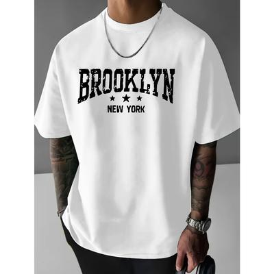 Męska koszulka z wzorem Brooklyn casualowy styl uliczny oddychająca i wygodna biała z odważnym nadrukiem „BROOKLYN NEW YORK”