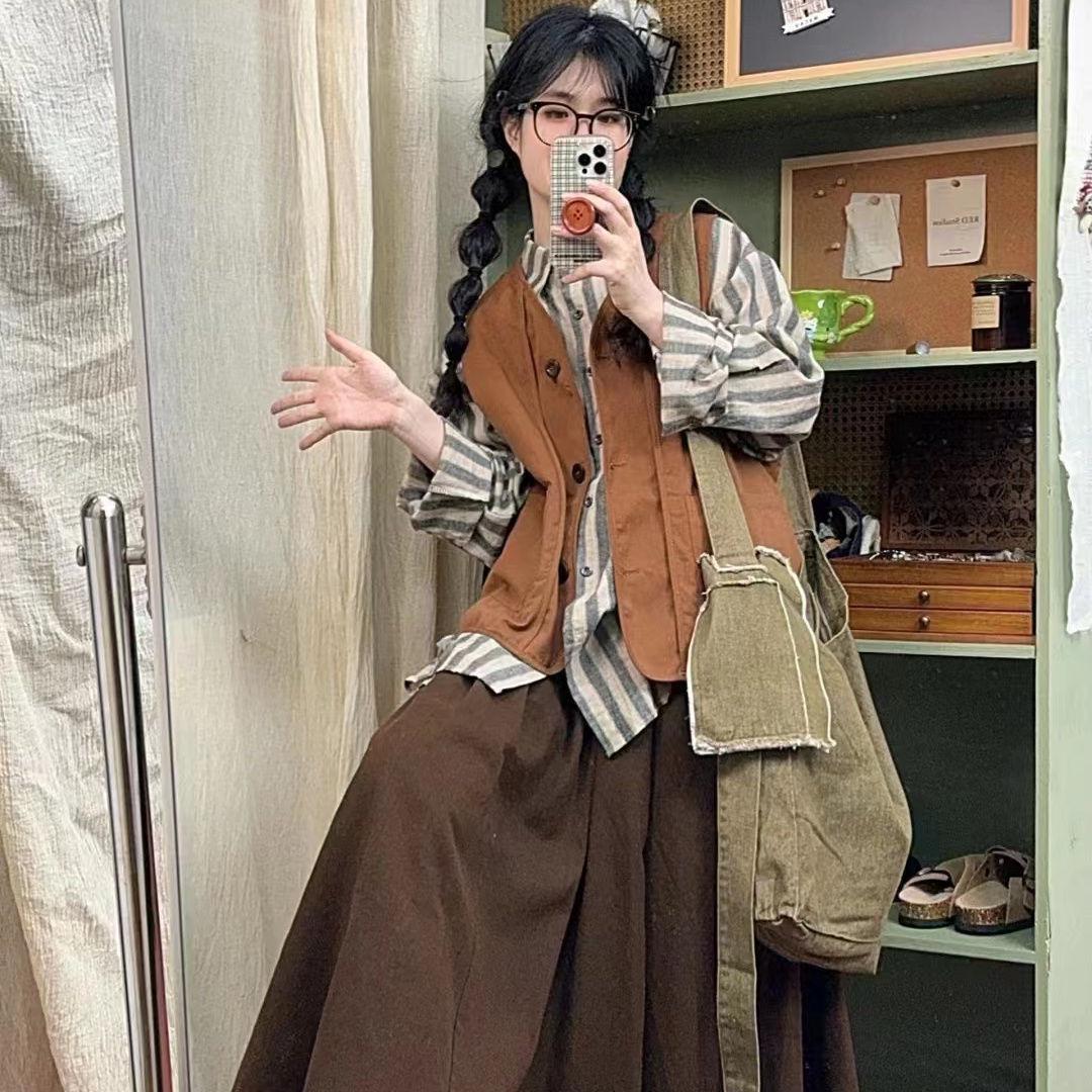 

Японский комплект жилет и миди-юбка в стиле софт-гёрл мори: Женская студенческая осенняя повседневная однотонная рубашка с принтом. M