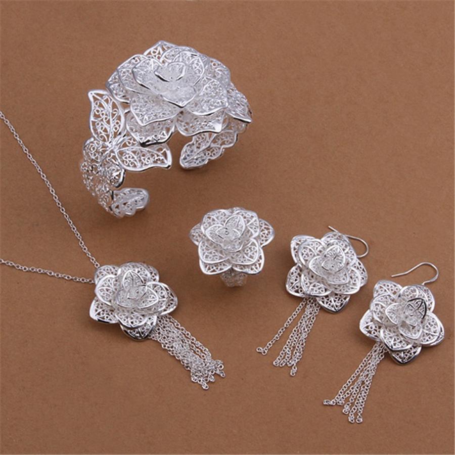 925 Sterling Silver Jewelry Set for Women Flower Pendant Bangle Earrings Rings Bracelet Necklaces Fashion Party Christmas Gifts