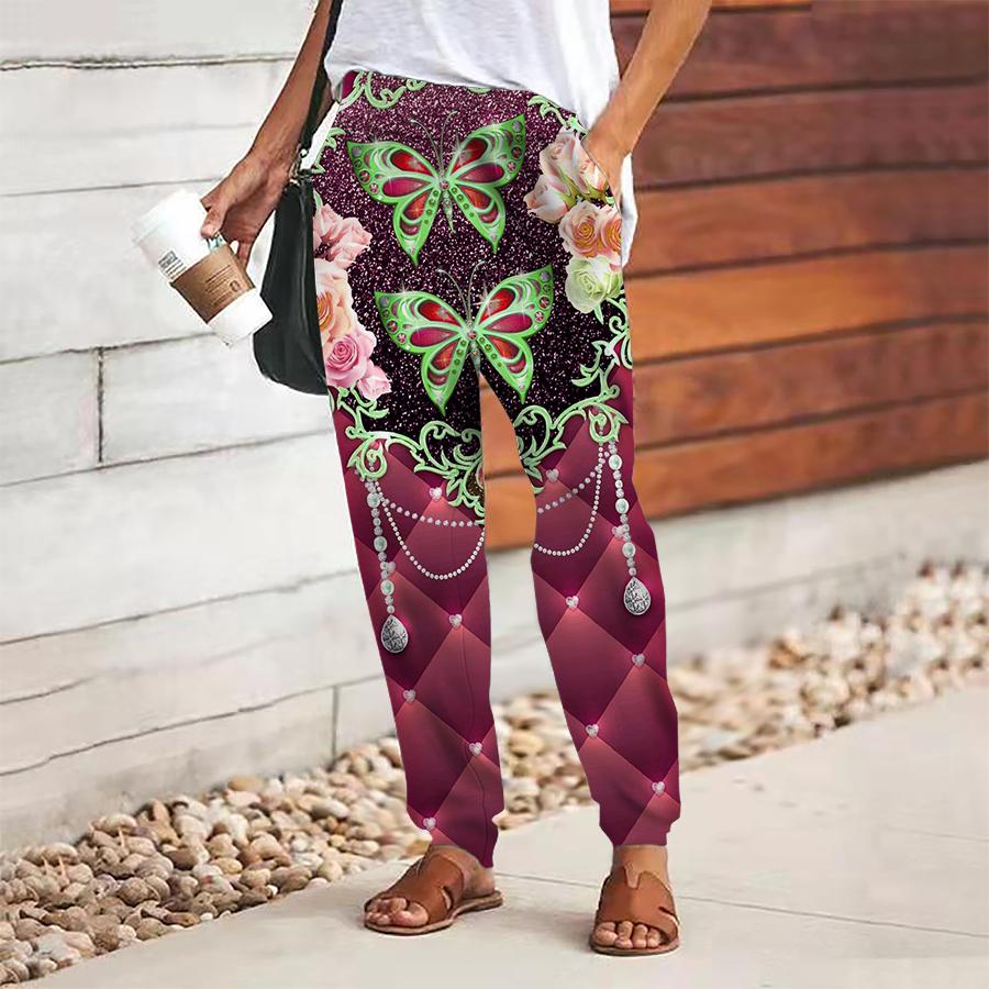 

Женские брюки с принтом бабочек, на шнуровке, с эластичной талией, свободные, повседневные длинные брюки, брюки с карманами 8XL красный