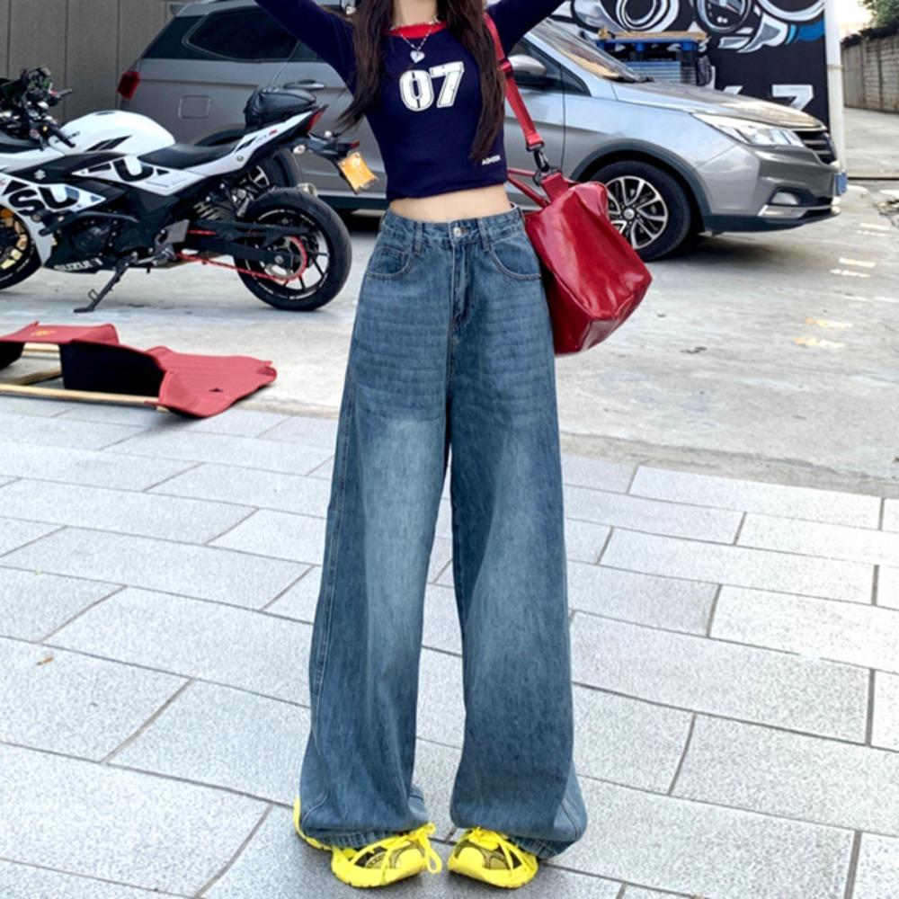 American retro loose wide-leg pants drape high waist versatile washed straight jeans women's trousers tide