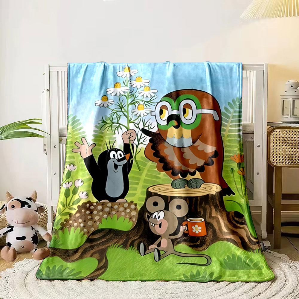 The picture features an owl, mole, and mouse interacting in nature. for all seasons blanket lunch break throw gift 80cm x 120cm
