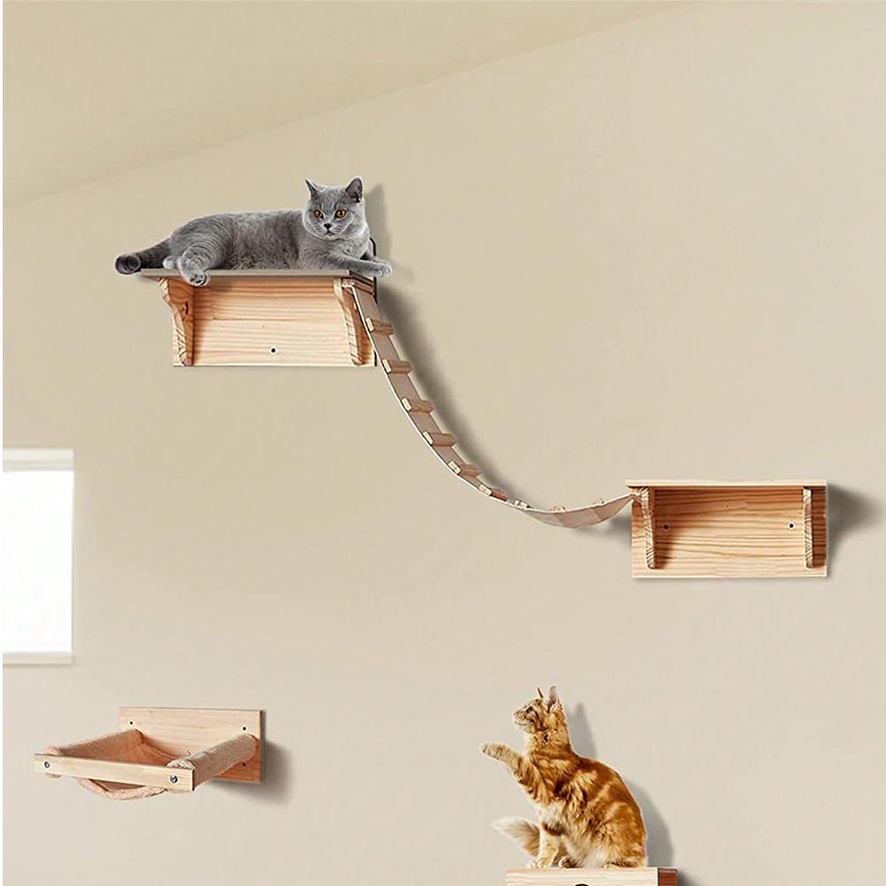 Cat Wall Climbing Shelves Wall-Mounted Furniture Set 2 Shelves with 1 Bridge Ladder for Indoor Cats Tree Tower Bed Accessories