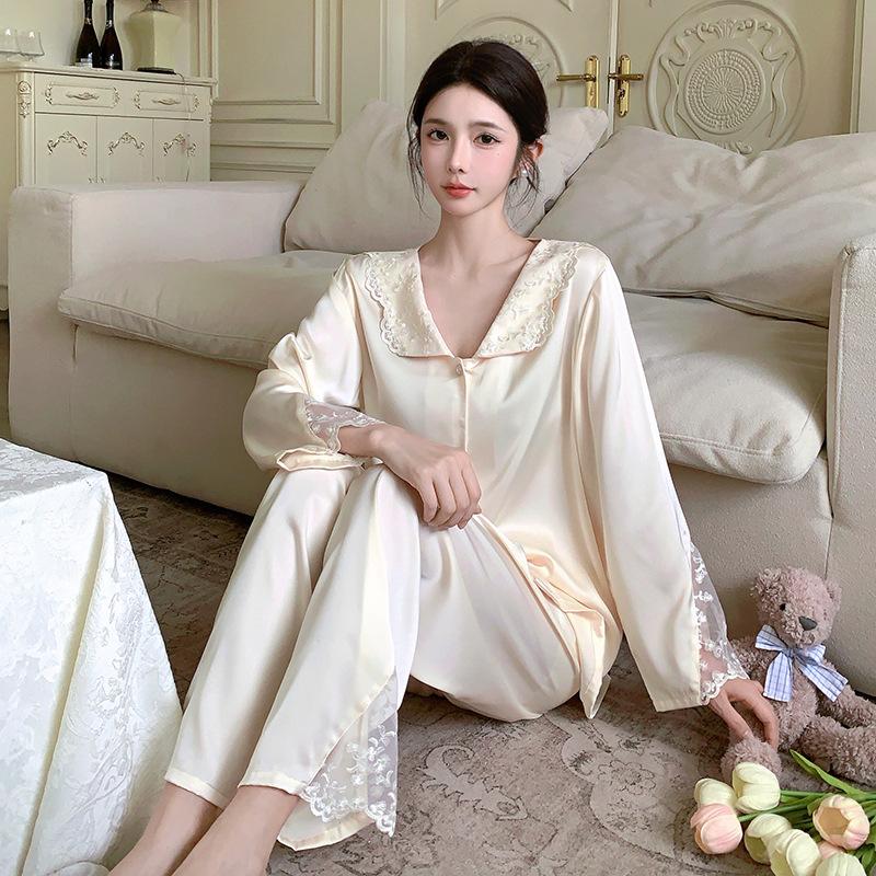 Ice Silk Pajamas Women's French Lace Cardigan Imitation Silk Long-sleeved Trousers Two-piece Set Summer Spring and Autumn Loungewear