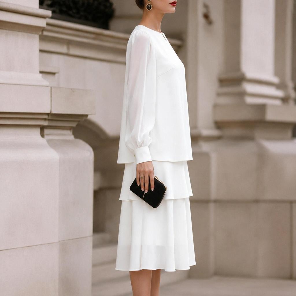 Women's Puff Sleeve Round Neck Dress for Elegant Casual Wear