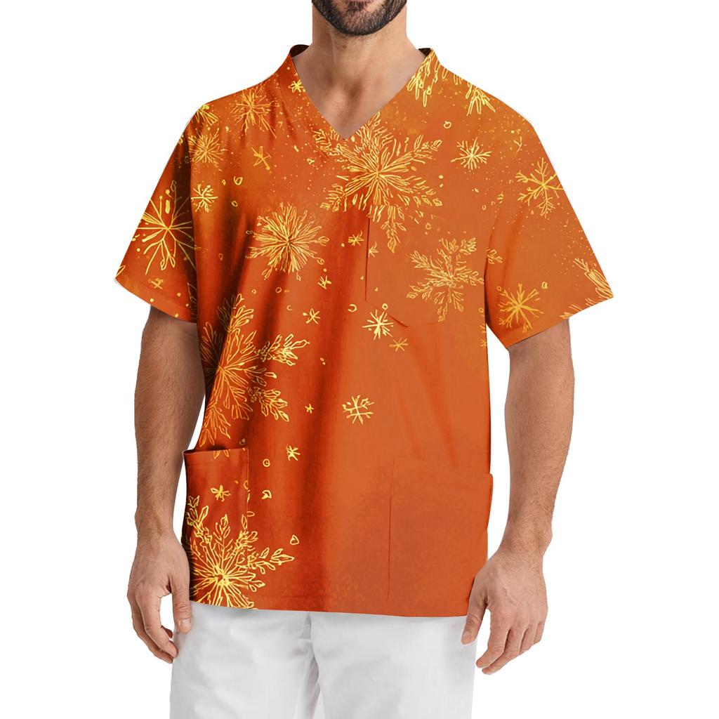 Men's Printing Short Sleeve V-neck Working Blouse Chest Pocket Carer Top