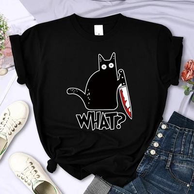 Kitchen Knife Black Cat Print T Shirt Unisex FeUnisex Short Sleeve Fashion Cartoon T-Shirt Unisex Summer Cool Clothing Hip Hop Top Tee