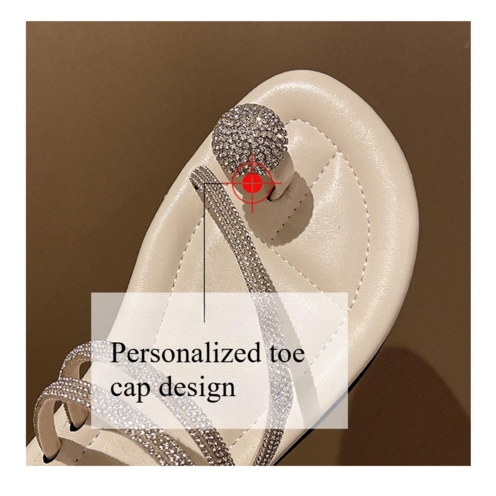 JMXD-Flat Bottom Cool Slippers Female Summer Wear, Rhinestone Fairy Wind Soft Bottom Non-slip Toe Beach One-word Drag