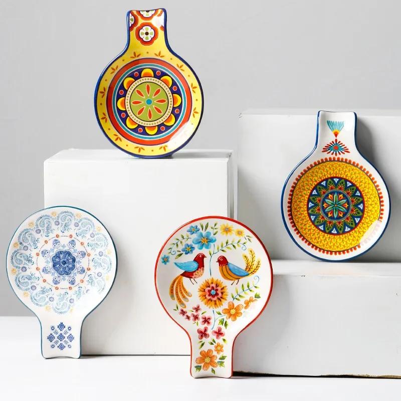 Specialty Restaurant Ceramic Plates, Creative Spoon Shaped Flower and Bird Patterned Snack Plates, Irregular Dessert Plates