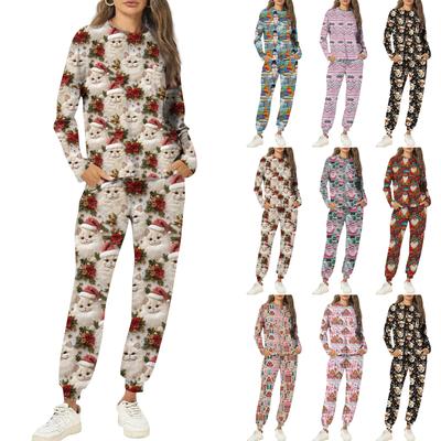 Sets For Women 2 Piece Round Neck Long Sleeve Shirts Printed Sweatpants Pocket Sets