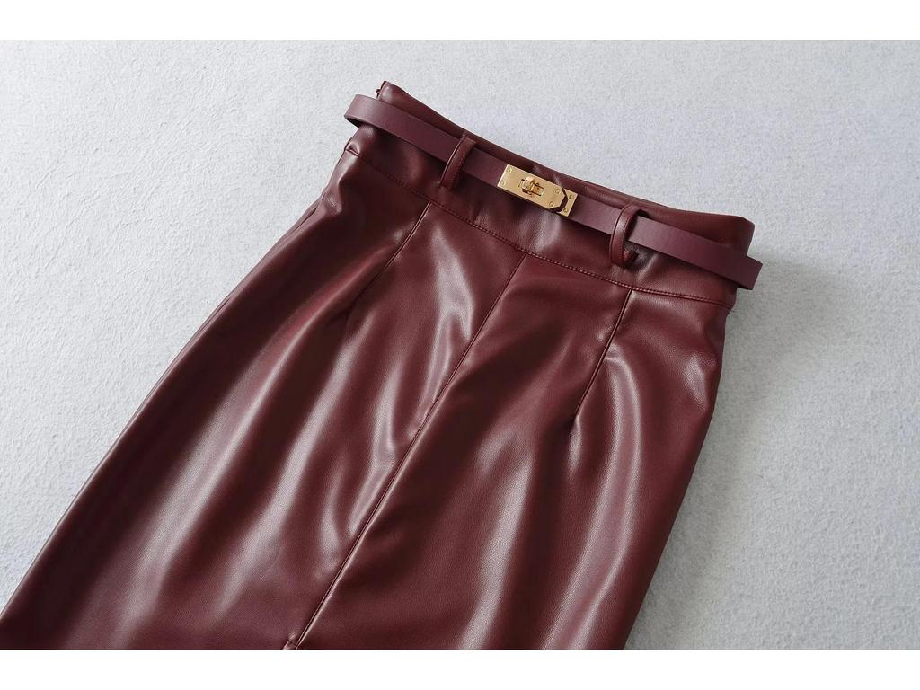 Elegant Korean High-Waisted Front Slit PU Leather Midi Skirt with Belt – Sexy, Bodycon, Hip-Hugging for Autumn & Winter