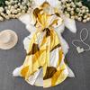 Women's Polo Neck Short Sleeve Geometric Print Maxi Shirt Dress High Waist Casual Dress
