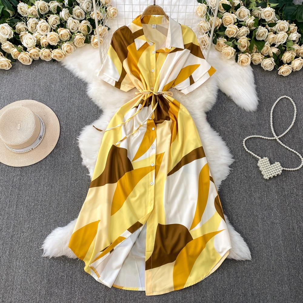 Women's Polo Neck Short Sleeve Geometric Print Maxi Shirt Dress High Waist Casual Dress