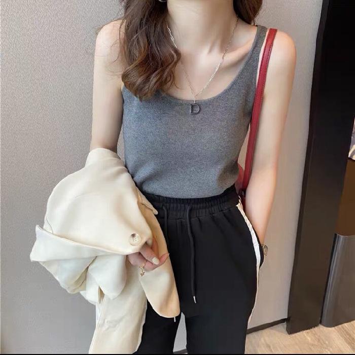 Sling 2024 Summer Slimming Ice Silk Knit Sleeveless Top for Women