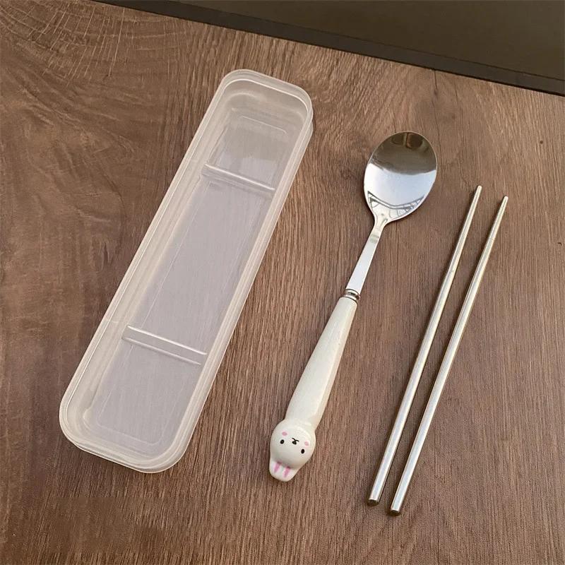 Stainless Steel Cartoon Knife Fork Spoon Kitchen Dinnerware Animals Glossy Ceramic Handle Set With Box For Dessert Steak