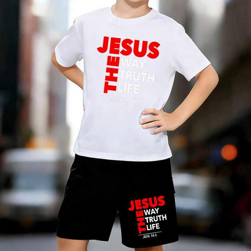 

Boys 2 Piece Bible-themed printed Outfit, Short Sleeve T-Shirt and Shorts Set for Kids Age 5-14,White Sporty Casual Summer Clothes 13-14 Years білий