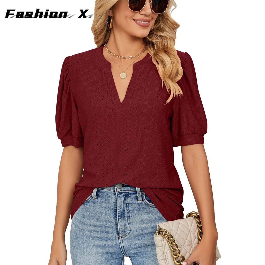 Europe and The United States 2024 Summer Casual V-neck Solid Color Hollow Bubble Sleeve Loose T-shirt Blouse Female