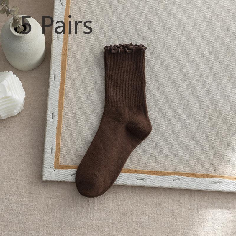 

5 пар женских универсальных носков из чистого хлопка черного цвета с ушками до середины голени 5 Pairs темный кофе
