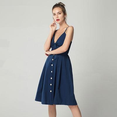 Summer Women Sexy Spaghetti Strap V-Neck Sleeveless Bow Vintage Party  Beach Dress
