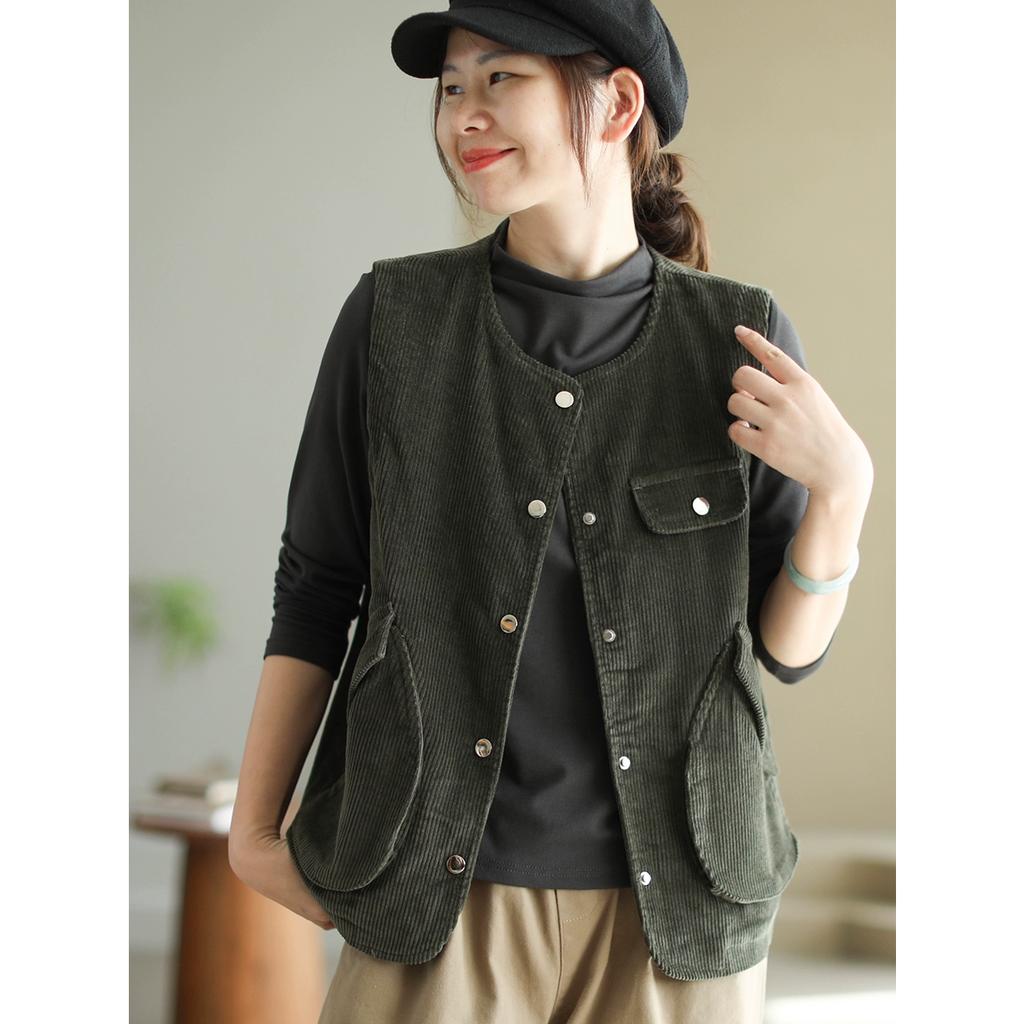 Dimanaf 2025 Nová krátká manšestrová vesta bez rukávů Podzimní retro kabát Knoflíky Dámská jednobarevná