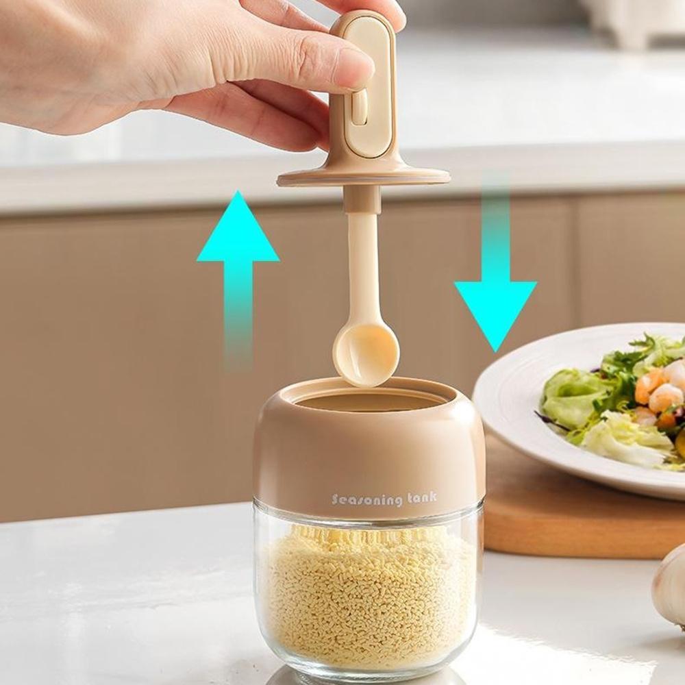 Kitchen Seasoning Container with Integrated Spoon Moisture Proof Glass Sealed Spice Jar (BPA Free, No FDA)