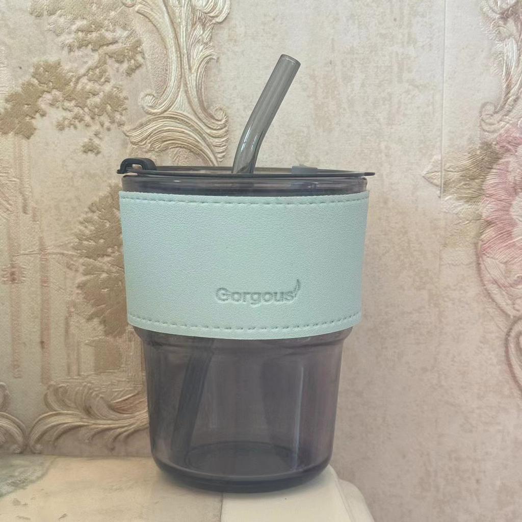 Vertikales Muster Bambusbecher mit Deckel Hochwertiger Strohhalm Glas Geschenkbecher Büro Kaffeetasse