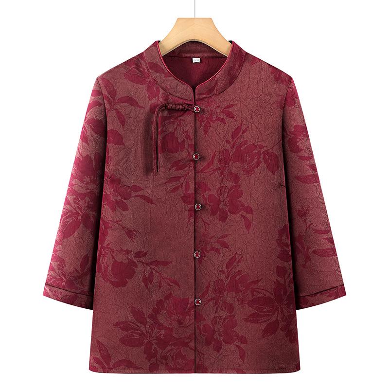 Chinese Style Tang Suit Top - Summer Three-Quarter Sleeve Shirt for Middle-Aged and Elderly Women