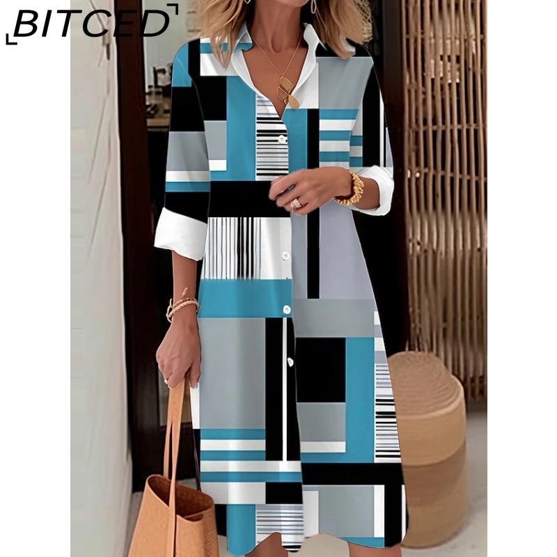 BITCED Women Fashion Spring Autumn Color Block Print Long Sleeve Polo Collar Loose Waist Casual Dresses