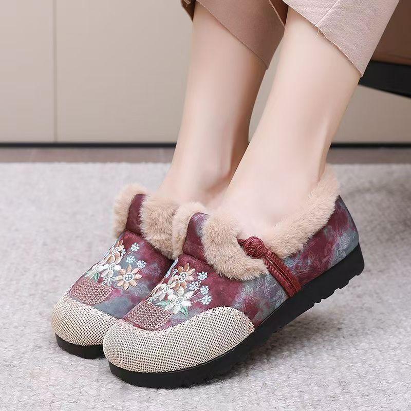 Fashion Women's Winter New Low Top Embroidered Cotton Shoes Round Toe Slip On Flat Sole Plush Warm Ethnic Style Elderly Cotton Shoes