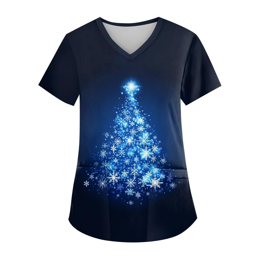 Women's V-neck Christmas Print Short-sleeved Pocket Side Slit Uniform Top