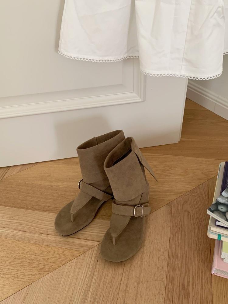 Vintage Suede Toe Roman Sandals Women'S Spring And Summer Spice Girls Cigarette Pipe Boots Herringbone Belt Buckle Flat Boots