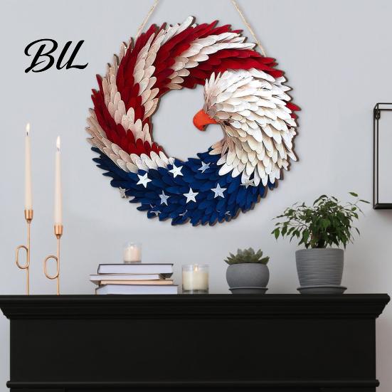 Summer Party Decoration Patriotic Wreath for Front Door Handmade 4th of July Hanger Red White Blue American Wooden Hanging Plaque Wall Porch Memorial
