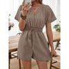 Women's V Neck Short Sleeve Faux Denim Romper Cinched Waist Jumpsuits Casual One Piece Outfits
