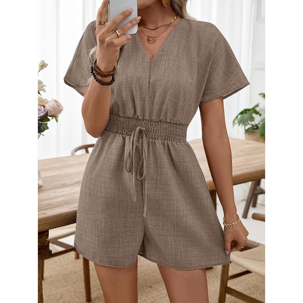 Women's V Neck Short Sleeve Faux Denim Romper Cinched Waist Jumpsuits Casual One Piece Outfits