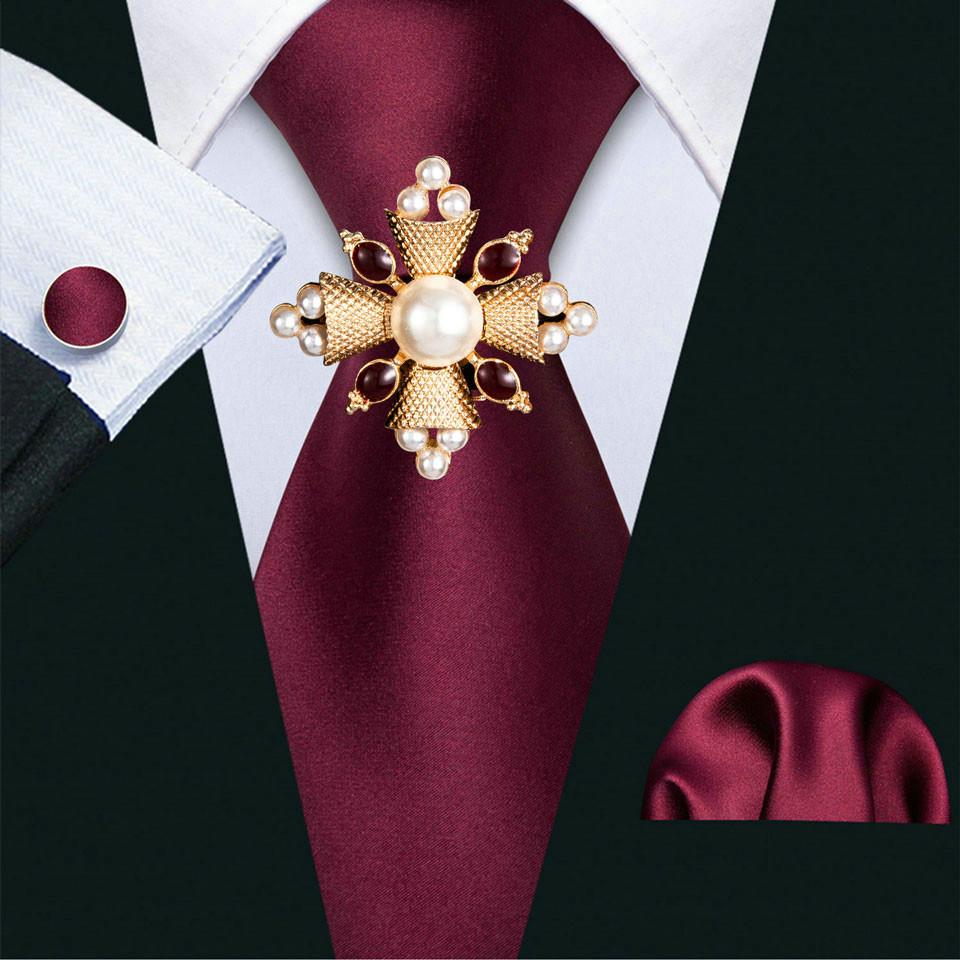 16 stiluri de cravată pentru bărbați, cu țesătură cachetadă, cu broșă de perle, set de butoni pentru nuntă