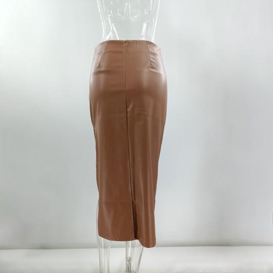 Trendy Mid-Rise Windproof Versatile Autumn Winter Hip Wrap Faux Leather Midi Skirt Streetwear Office Skirt