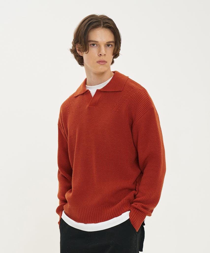 BLOND9 Shoulder Point Open Collar Rib Knit_Orange