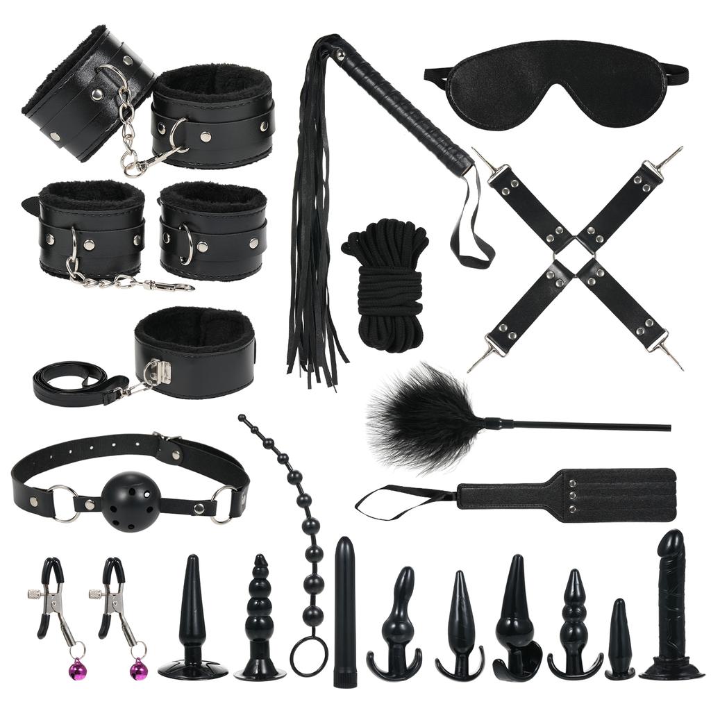 21pcs Adult Games Sex Toys BDSM Slave Restraints Handcuffs Ankle Cuffs Whip Neck Collar Blindfold Mouth Gag Nipple Clamp For Couples