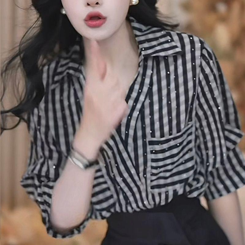 Korean Design Hot Diamond Plaid V-neck Pocket Shirt Women Summer New Versatile Fashion Top