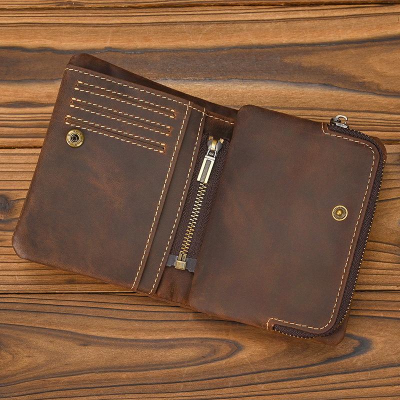 New Retro Leather Short Wallet with Zipper Change Bag Snap Button Wallet Crazy Horse Leather 20% Off Multi-card Wallet