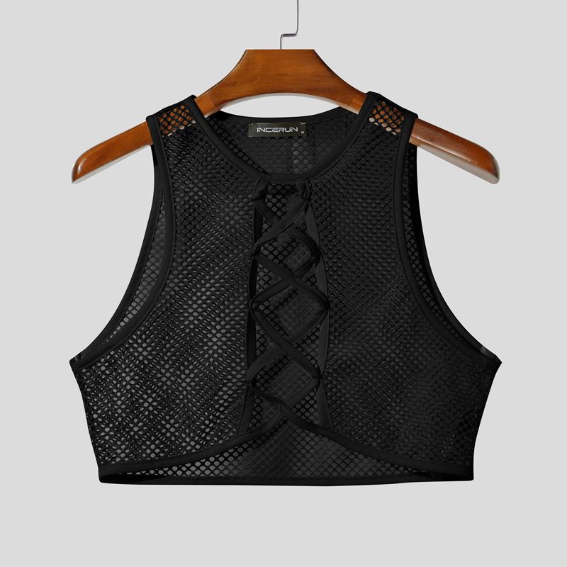 INCERUN Men Sleeveless Hollow Webbing See Through Cropped Tank Tops
