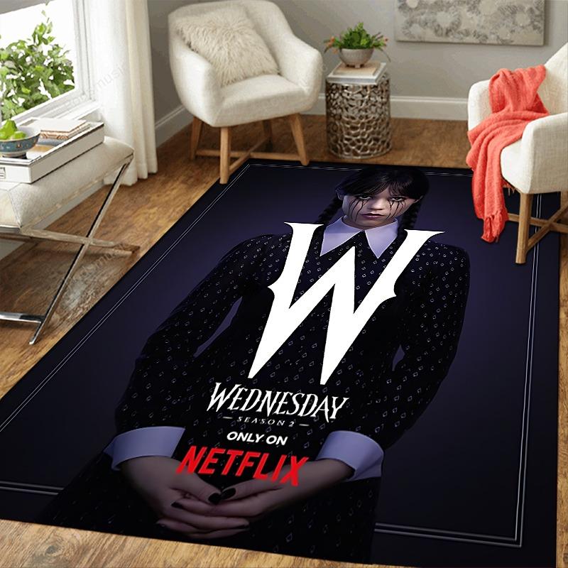 1Pc Dark Gothic Wednesday Netflix Poster Flannel Rug Soft Non Slip Carpet for Bedroom Living Room Office Floor Outdoor Home Decor Xmas Gift